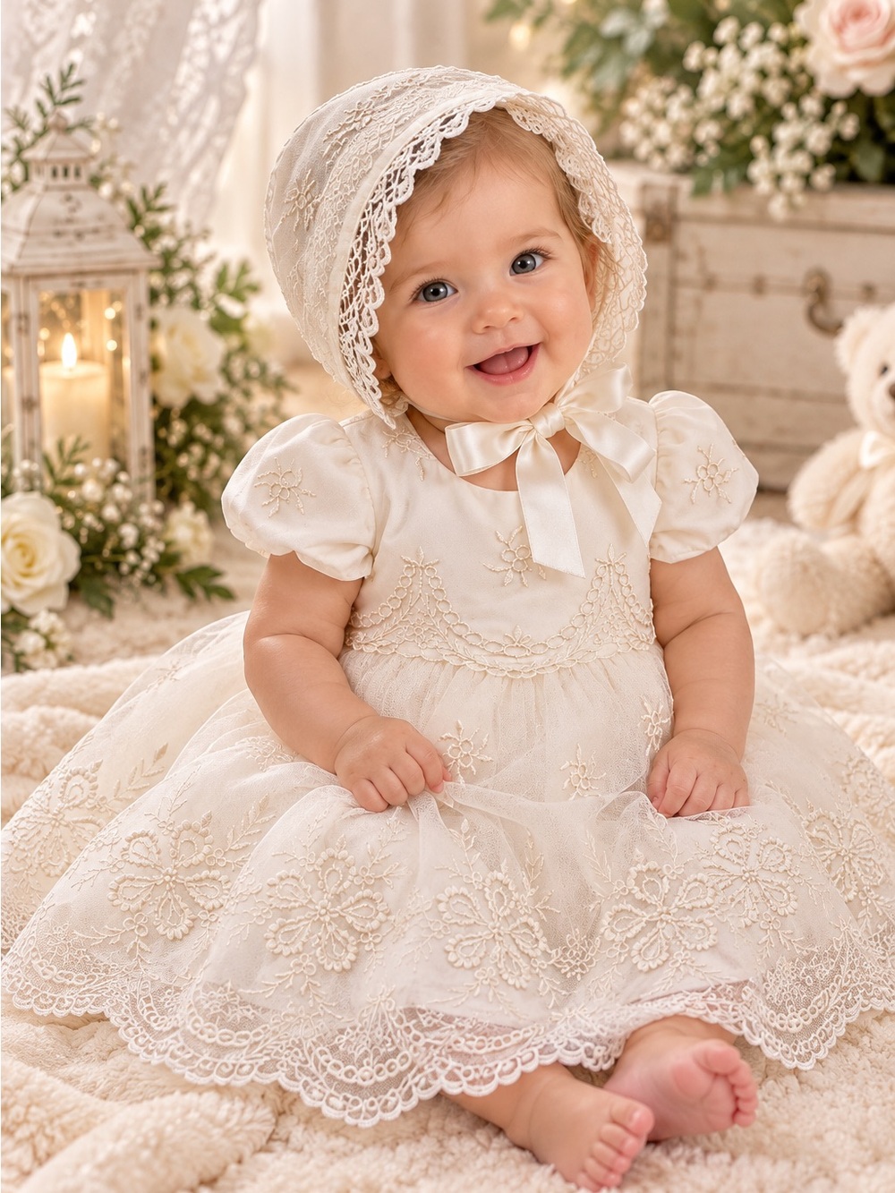 Bow Dream Baby 3-6M Ivory Lace Embroidered Dress & Bonnet Christening